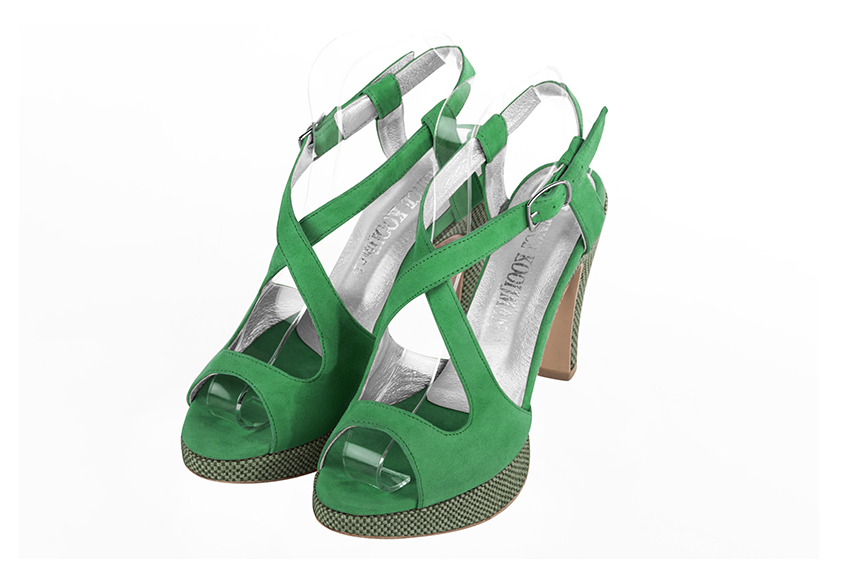 Emerald green women's open back sandals, with crossed straps. Round toe. Very high slim heel with a platform at the front. Front view - Florence KOOIJMAN